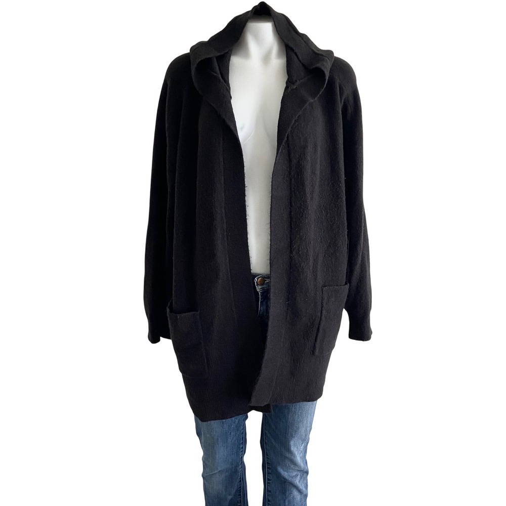 Lou & Grey Womens Black Hooded Open Front Cardigan Sweater Pockets Size L